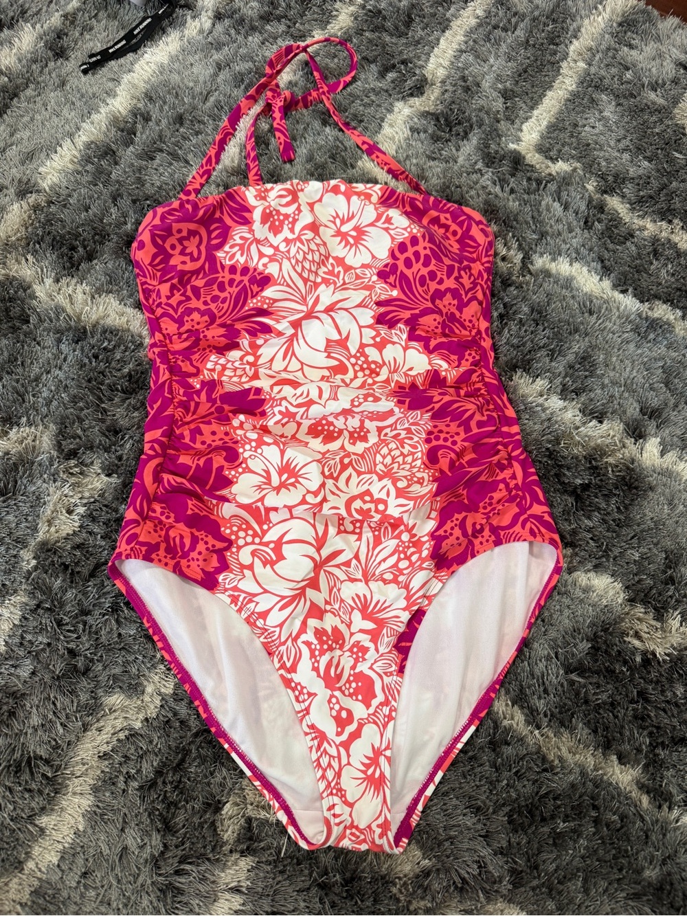 Lauren Ralph Lauren Pink & White Floral Halter One-Piece Swimsuit